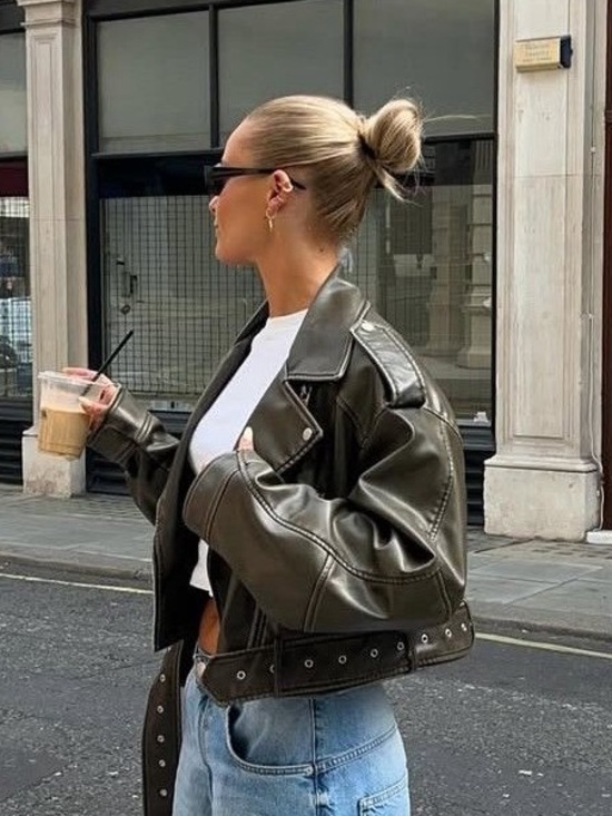 Zara Jackets & Blazers - Zara Olive Green Faux Leather Cropped Biker Jacket Size: S